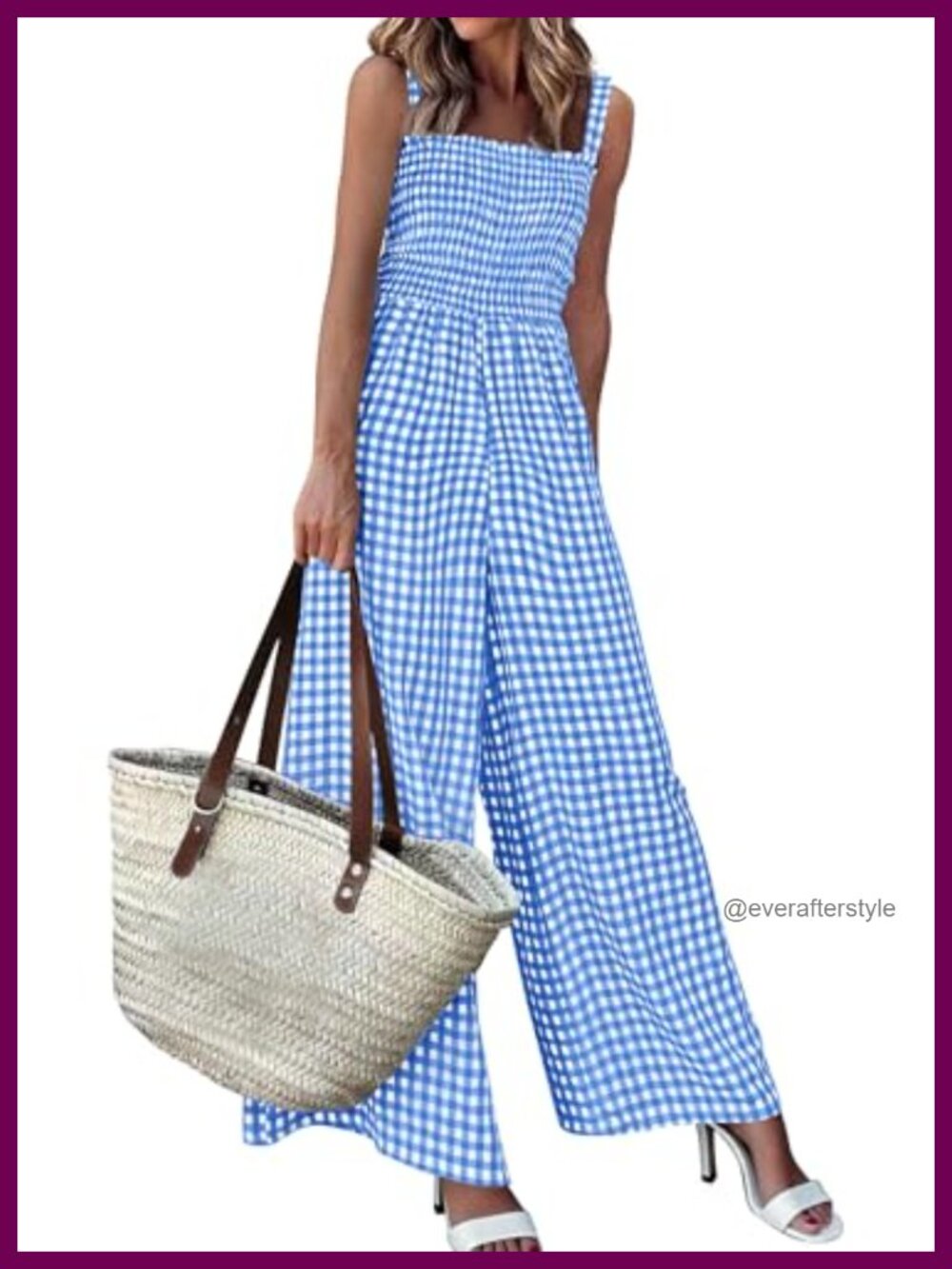 Womens Wide Leg Gingham Jumpsuit Smocked Bodice Square Neck Sleeveless with